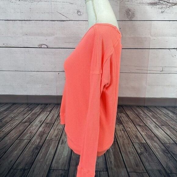 We The Free Shirt Womens XS Pink Orange Vibrant Waffle Boxy Boho Peasant Thermal - Picture 4 of 11